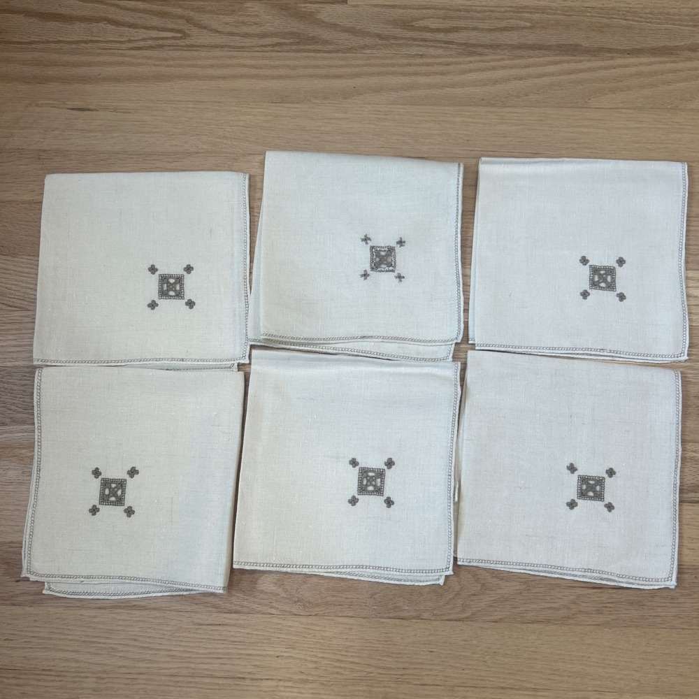 Vtg Linen Napkins Set of 6 Hand Drawn Thread Openwork Hemstitched